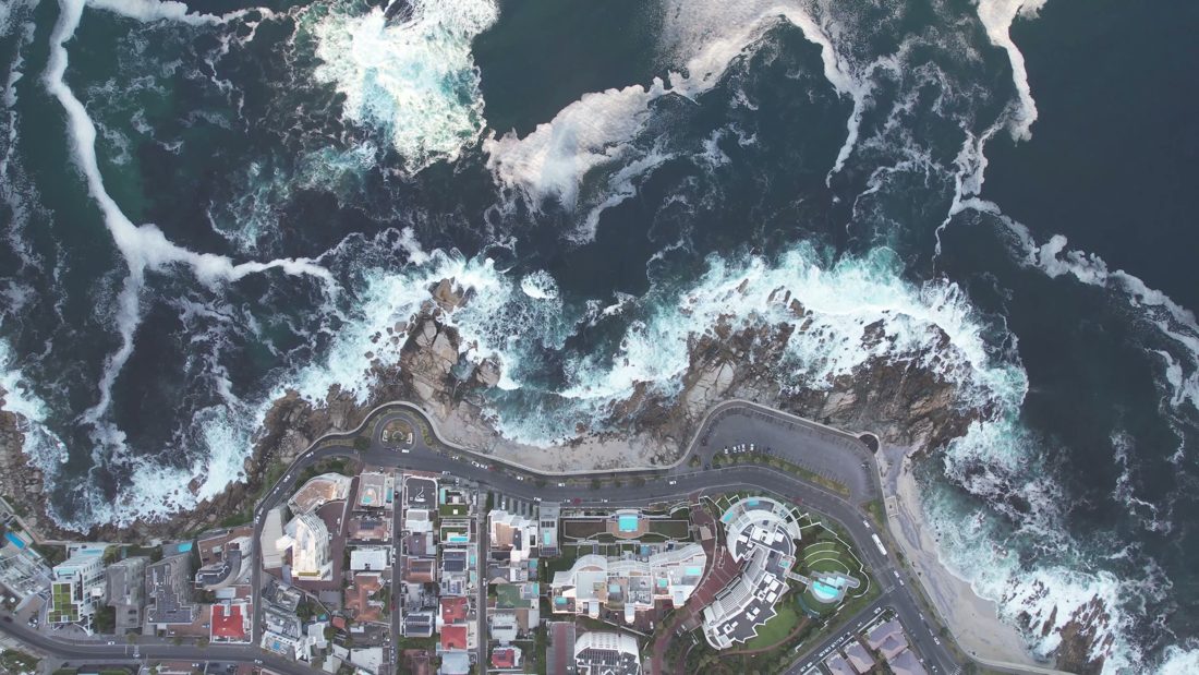 Aerial coastal town and road