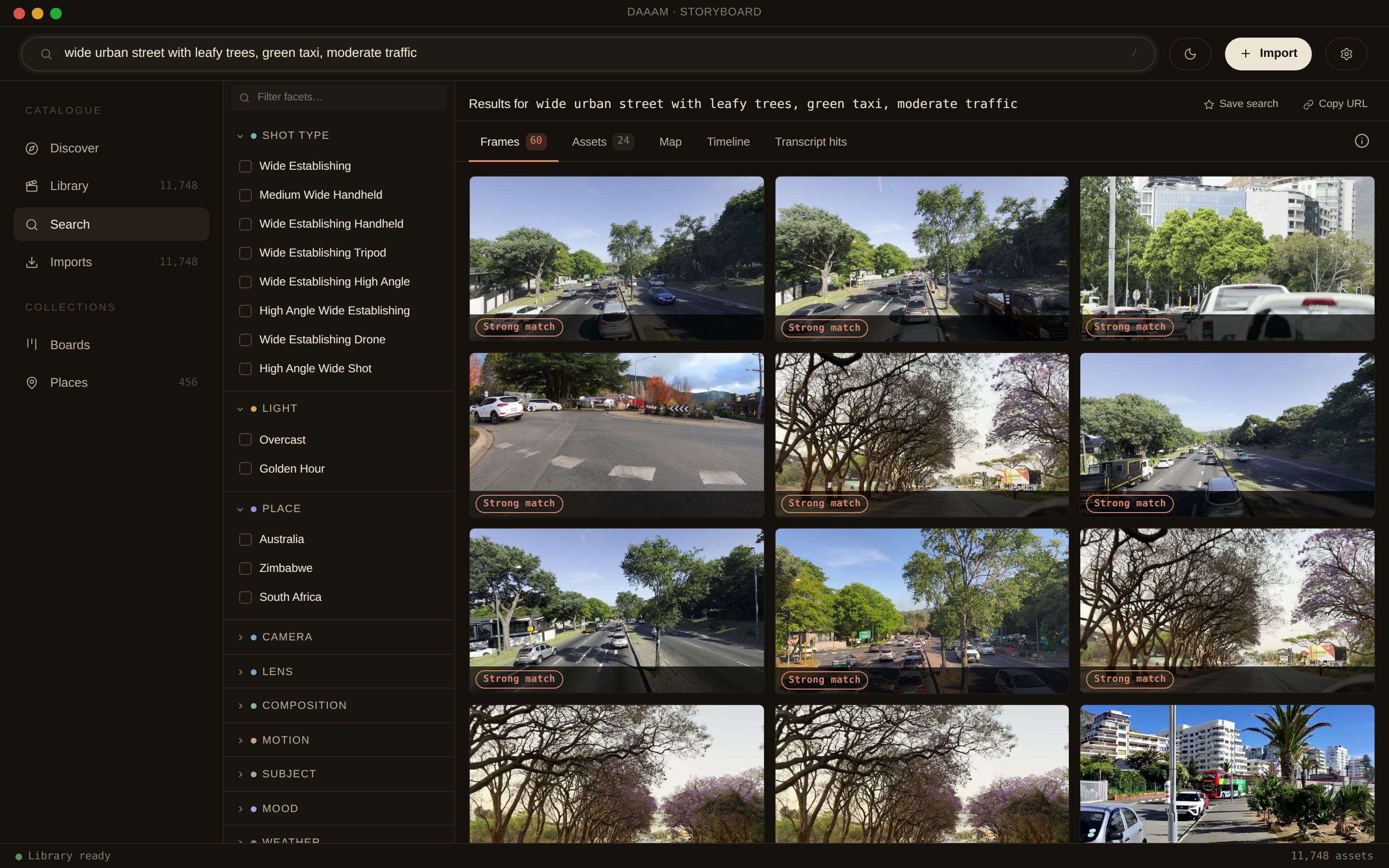 DAAAM searching “wide urban street with leafy trees, green taxi, moderate traffic”