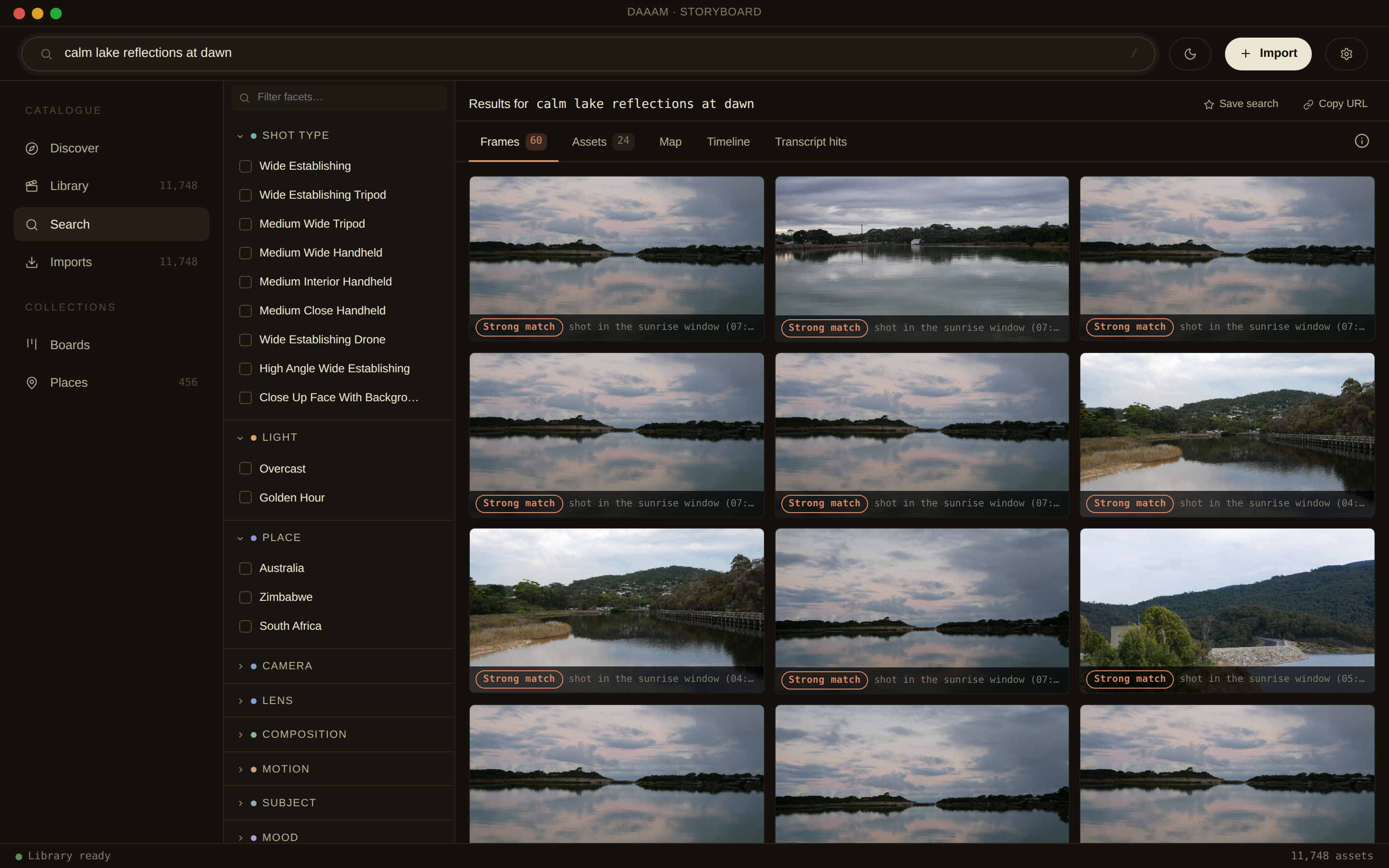 DAAAM searching “calm lake reflections at dawn”